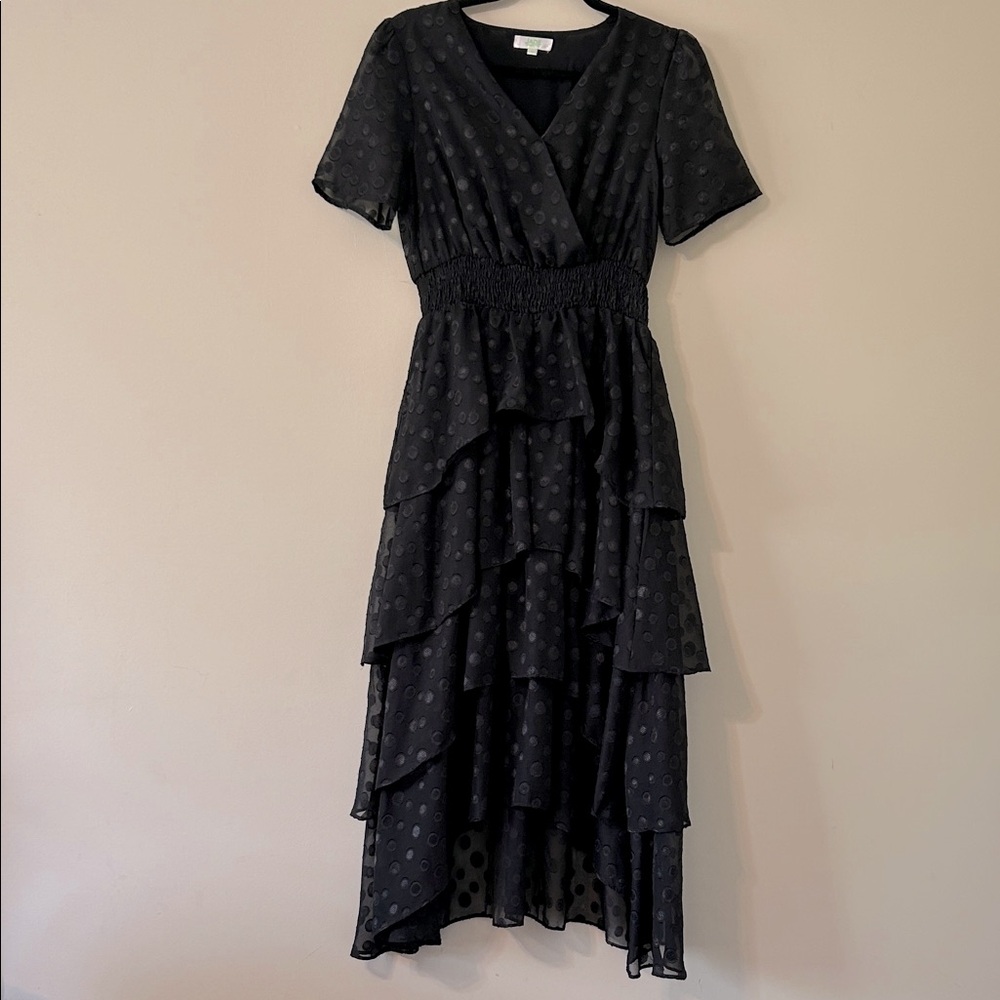 Jade Melody Tam Black Polka Dot Tiered Maxi Dress Elastic Waist Small Whimsygoth